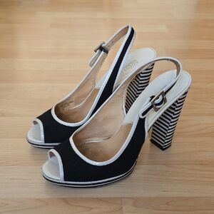 Michael Kors Sofia Black/White Striped Heels Canvas/Leather Size 8.5